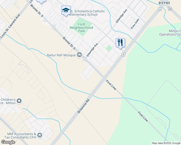 map of restaurants, bars, coffee shops, grocery stores, and more near in Milton