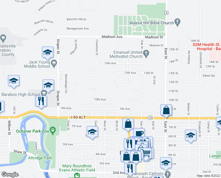 map of restaurants, bars, coffee shops, grocery stores, and more near 309 12th Avenue in Baraboo