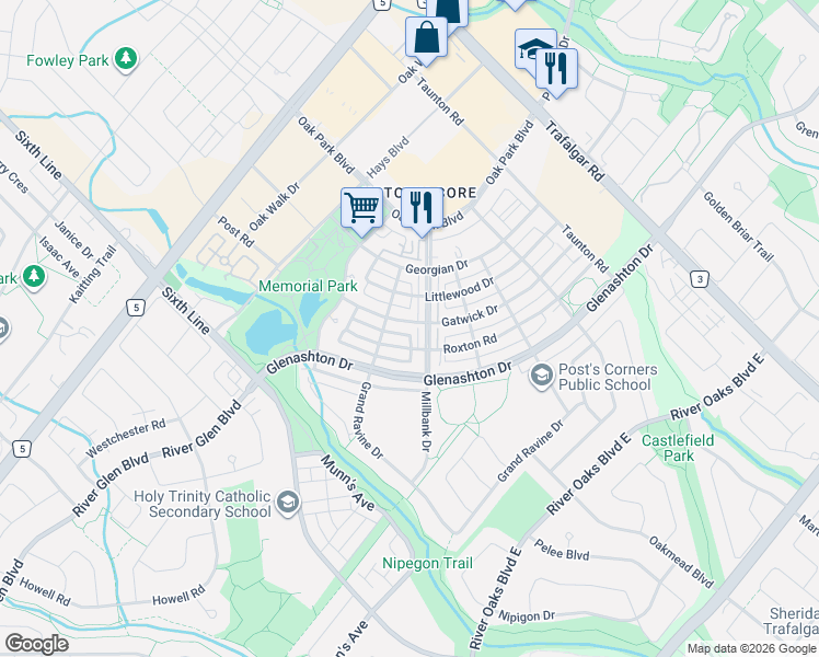 map of restaurants, bars, coffee shops, grocery stores, and more near 118 Gatwick Drive in Oakville
