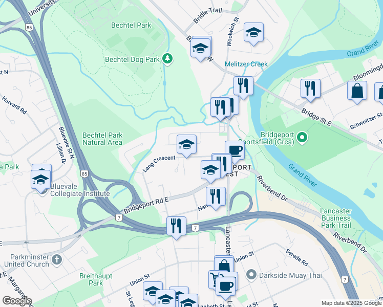map of restaurants, bars, coffee shops, grocery stores, and more near 34 Lang Crescent in Kitchener