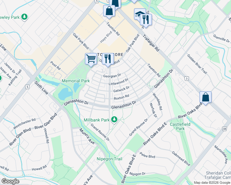 map of restaurants, bars, coffee shops, grocery stores, and more near 147 Lane 1 in Oakville
