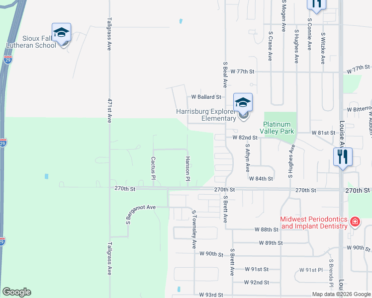 map of restaurants, bars, coffee shops, grocery stores, and more near 47198 Sunny View Pl in Sioux Falls