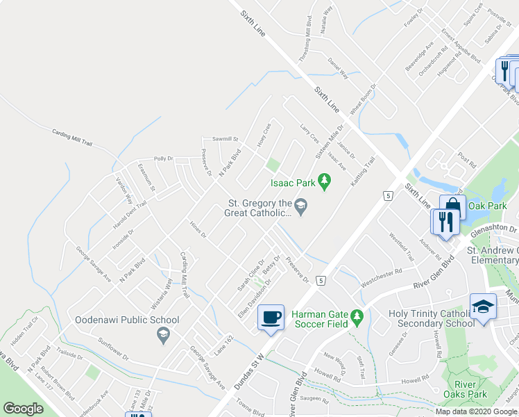 map of restaurants, bars, coffee shops, grocery stores, and more near 3147 Preserve Drive in Oakville