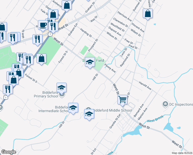map of restaurants, bars, coffee shops, grocery stores, and more near 291 Hill Street in Biddeford