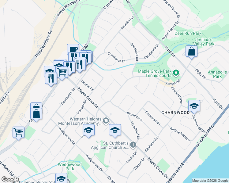 map of restaurants, bars, coffee shops, grocery stores, and more near in Oakville