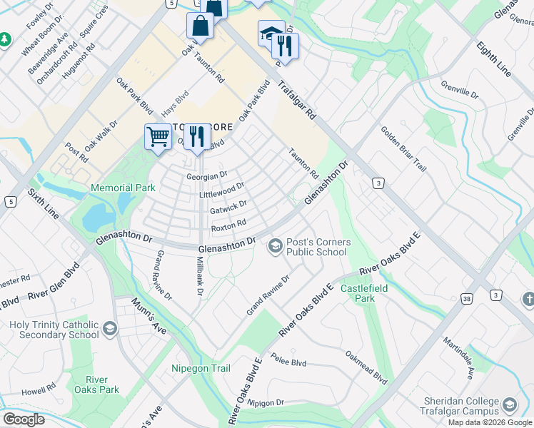 map of restaurants, bars, coffee shops, grocery stores, and more near 204 Roxton Road in Oakville