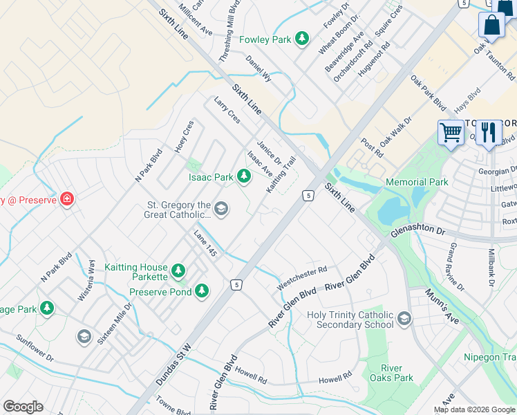 map of restaurants, bars, coffee shops, grocery stores, and more near Isaac Avenue in Oakville
