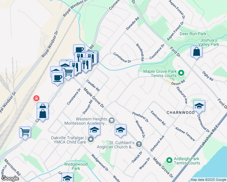 map of restaurants, bars, coffee shops, grocery stores, and more near 2058 Deramore Drive in Oakville