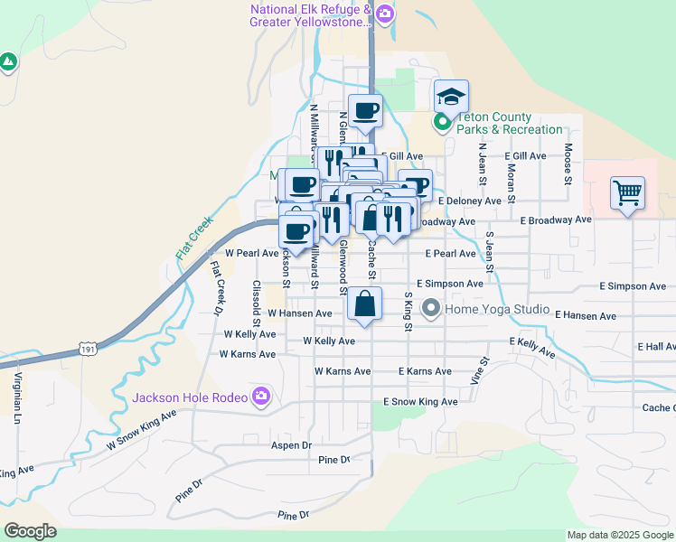 map of restaurants, bars, coffee shops, grocery stores, and more near 155 West Simpson Avenue in Jackson