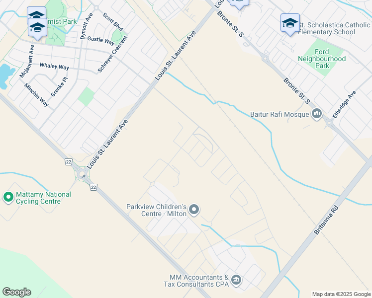 map of restaurants, bars, coffee shops, grocery stores, and more near Louis Saint Laurent Avenue in Milton