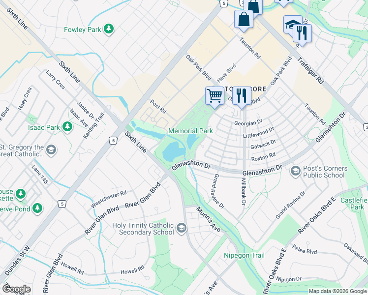 map of restaurants, bars, coffee shops, grocery stores, and more near 2303 Central Park Drive in Oakville