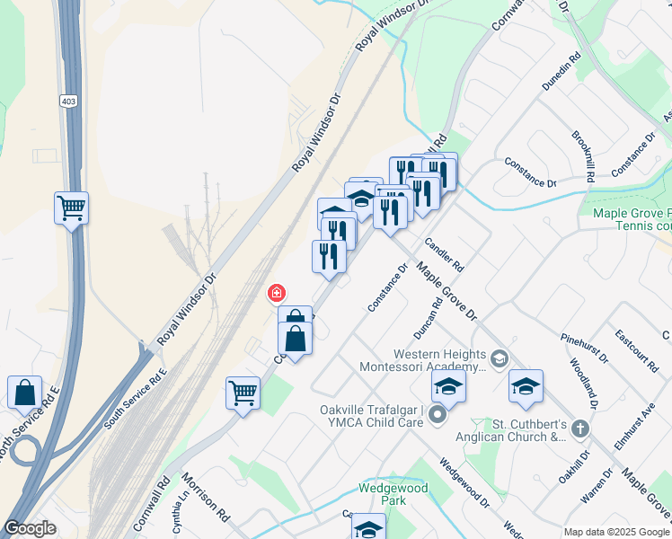 map of restaurants, bars, coffee shops, grocery stores, and more near 1523 Cornwall Road in Oakville