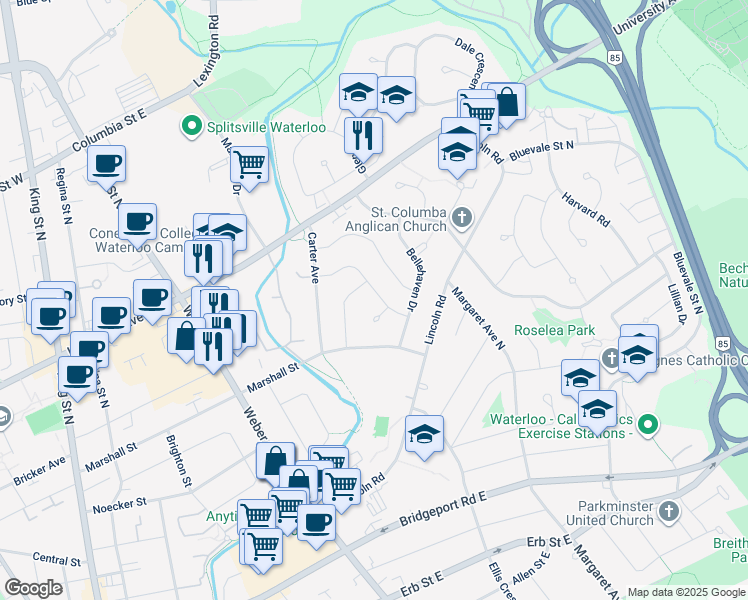 map of restaurants, bars, coffee shops, grocery stores, and more near 209 Willowdale Avenue in Waterloo