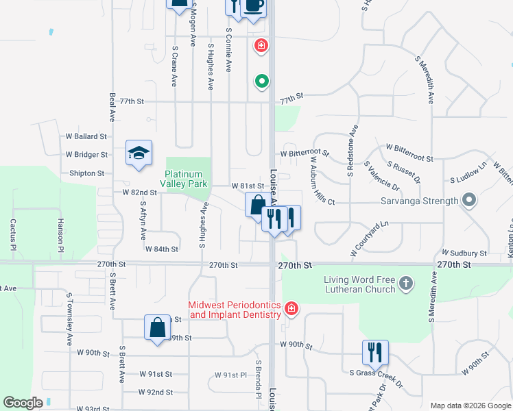 map of restaurants, bars, coffee shops, grocery stores, and more near 7505 South Louise Avenue in Sioux Falls