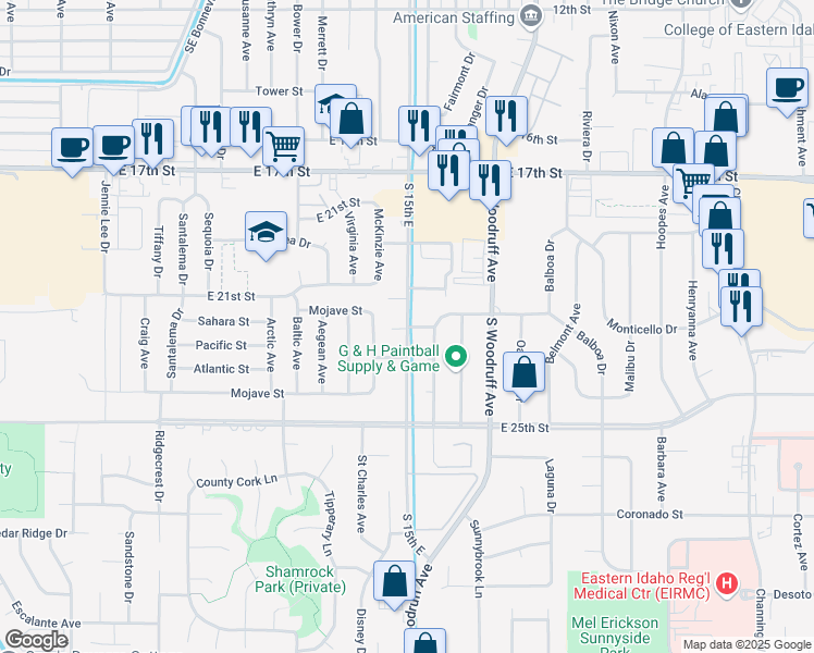 map of restaurants, bars, coffee shops, grocery stores, and more near 2144 Saint Clair Avenue in Idaho Falls