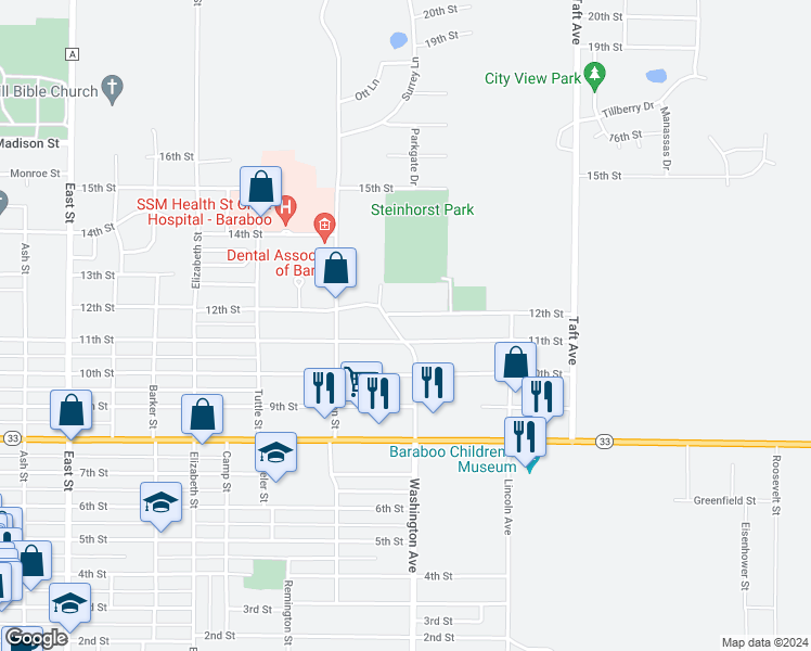 map of restaurants, bars, coffee shops, grocery stores, and more near 1111 11th Street in Baraboo