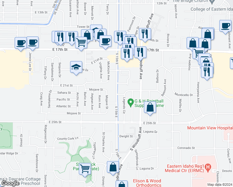 map of restaurants, bars, coffee shops, grocery stores, and more near 2252 Saint Clair Road in Idaho Falls