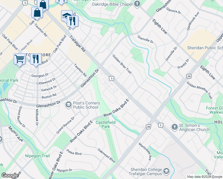 map of restaurants, bars, coffee shops, grocery stores, and more near 250 Royalton Common in Oakville