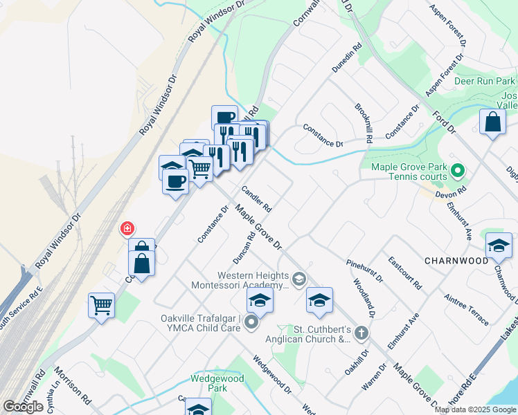 map of restaurants, bars, coffee shops, grocery stores, and more near 452 Candler Road in Oakville