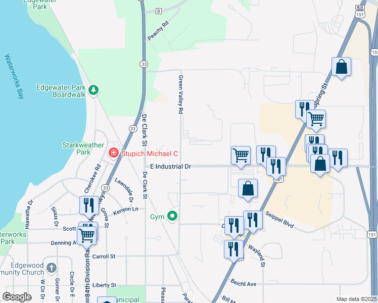 map of restaurants, bars, coffee shops, grocery stores, and more near 228 Industrial Drive in Beaver Dam