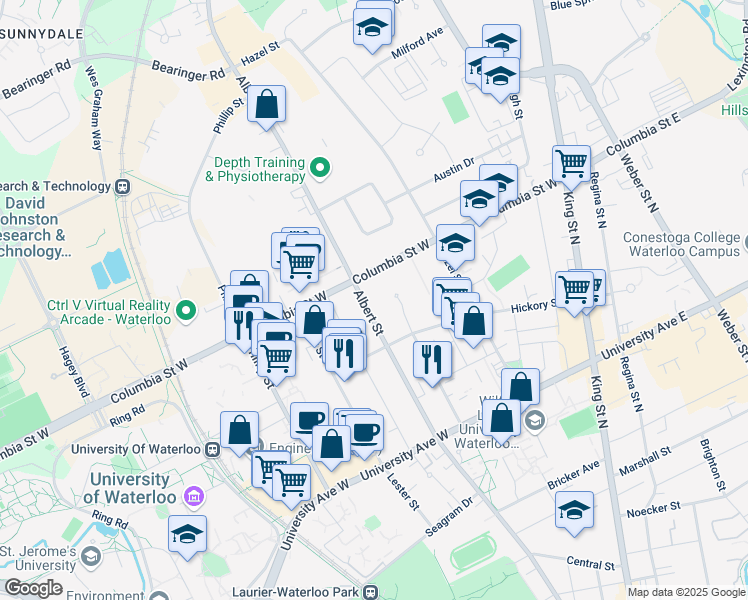 map of restaurants, bars, coffee shops, grocery stores, and more near 338 Albert Street in Waterloo