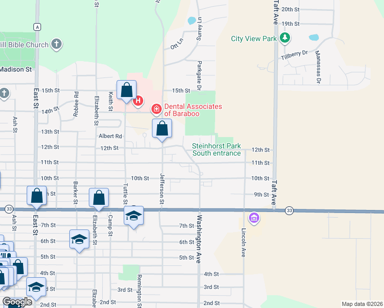 map of restaurants, bars, coffee shops, grocery stores, and more near 1111 11th Street in Baraboo