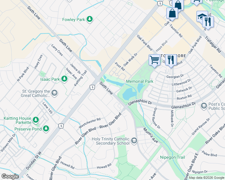 map of restaurants, bars, coffee shops, grocery stores, and more near 2551 Sixth Line in Oakville