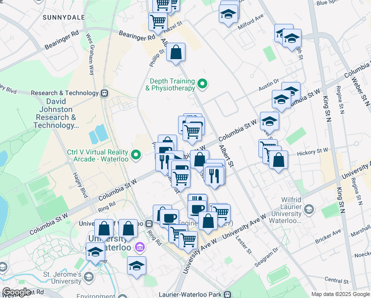 map of restaurants, bars, coffee shops, grocery stores, and more near 132 Columbia Street West in Waterloo