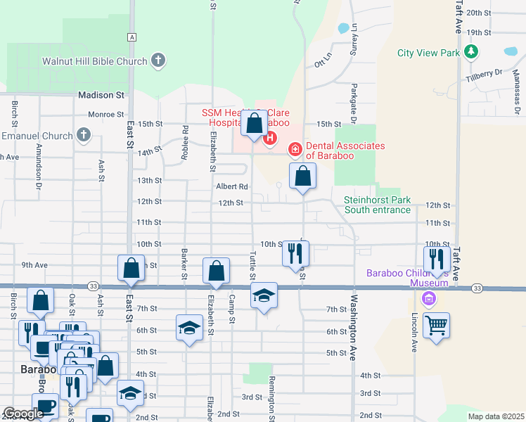map of restaurants, bars, coffee shops, grocery stores, and more near 662 11th Street in Baraboo