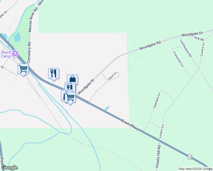 map of restaurants, bars, coffee shops, grocery stores, and more near 122 Pine Lane in Boonville