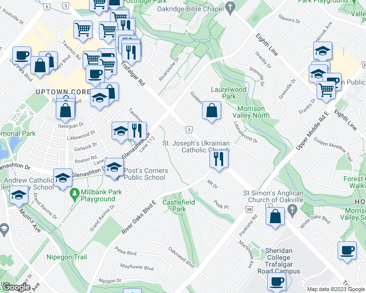 map of restaurants, bars, coffee shops, grocery stores, and more near 2147 Lillykin Street in Oakville