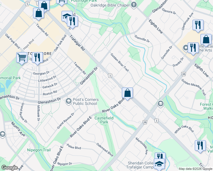 map of restaurants, bars, coffee shops, grocery stores, and more near 2145 Lillykin Street in Oakville