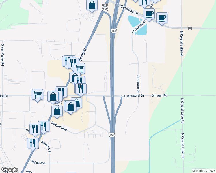 map of restaurants, bars, coffee shops, grocery stores, and more near 228 East Industrial Drive in Beaver Dam