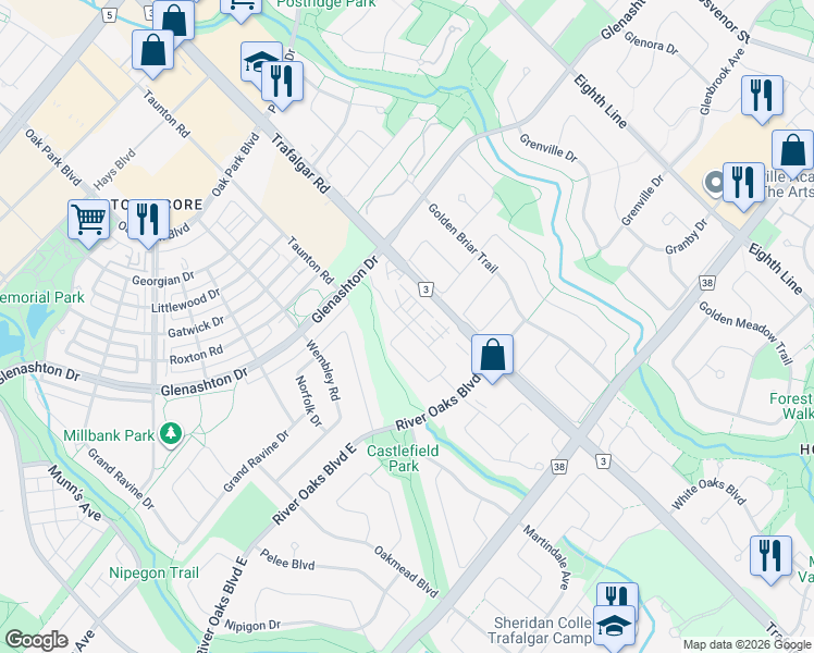 map of restaurants, bars, coffee shops, grocery stores, and more near Lillykin Street in Oakville