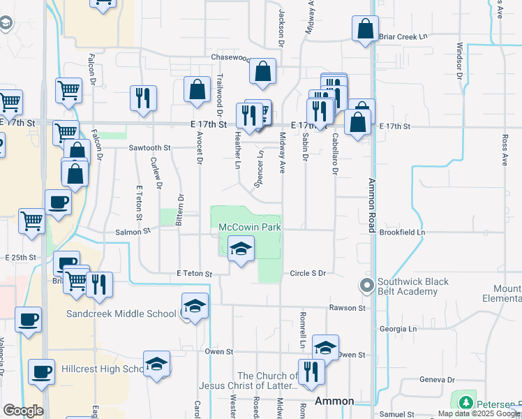map of restaurants, bars, coffee shops, grocery stores, and more near 2110 Midway Drive in Ammon
