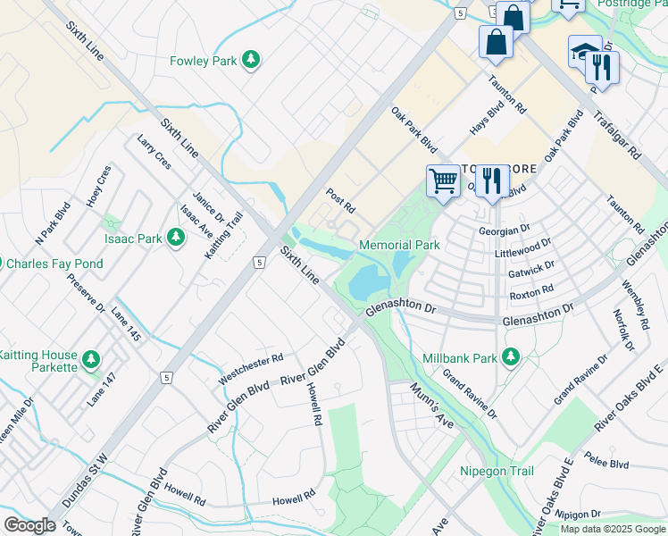 map of restaurants, bars, coffee shops, grocery stores, and more near 2545 Sixth Line in Oakville