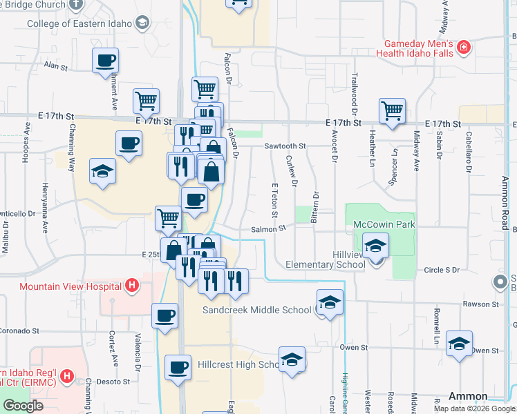 map of restaurants, bars, coffee shops, grocery stores, and more near 2765 Salmon Street in Ammon