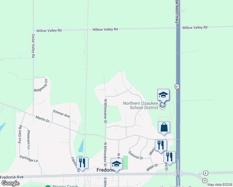 map of restaurants, bars, coffee shops, grocery stores, and more near 341 Deer Meadow Drive in Fredonia