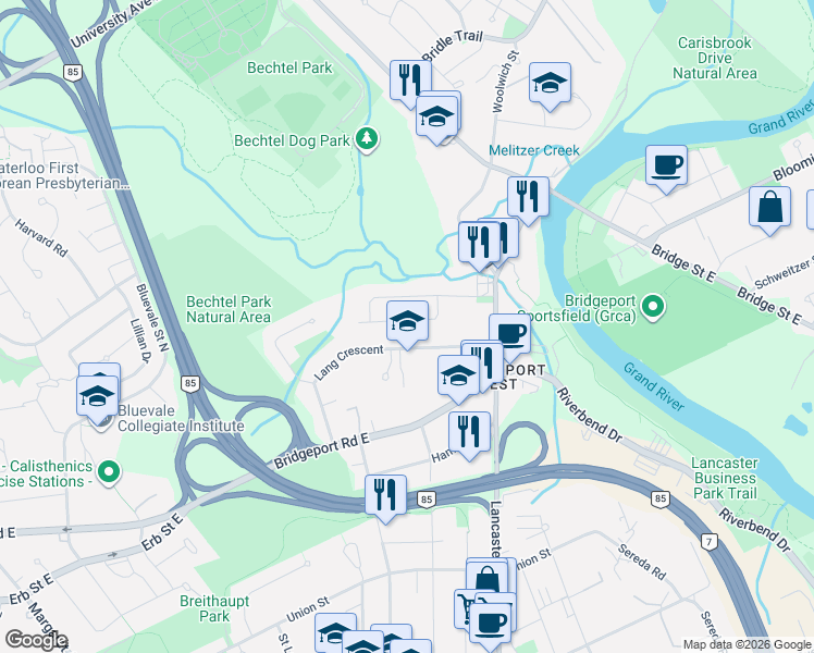 map of restaurants, bars, coffee shops, grocery stores, and more near 172 General Drive in Kitchener