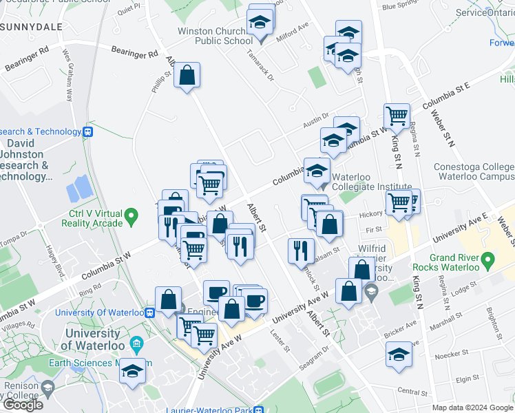 map of restaurants, bars, coffee shops, grocery stores, and more near in Waterloo
