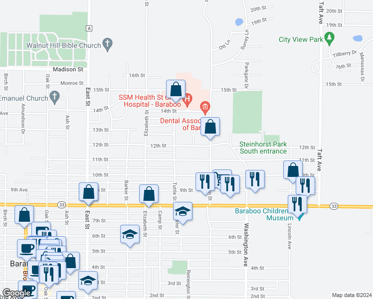 map of restaurants, bars, coffee shops, grocery stores, and more near 728 11th Street in Baraboo
