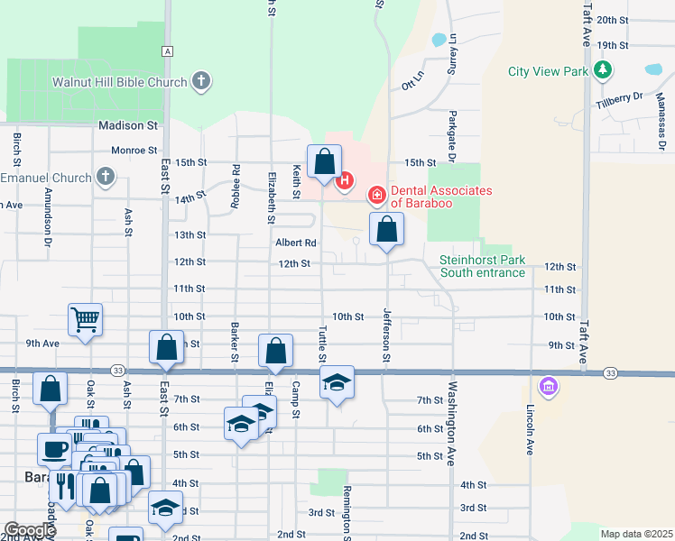 map of restaurants, bars, coffee shops, grocery stores, and more near 728 11th Street in Baraboo