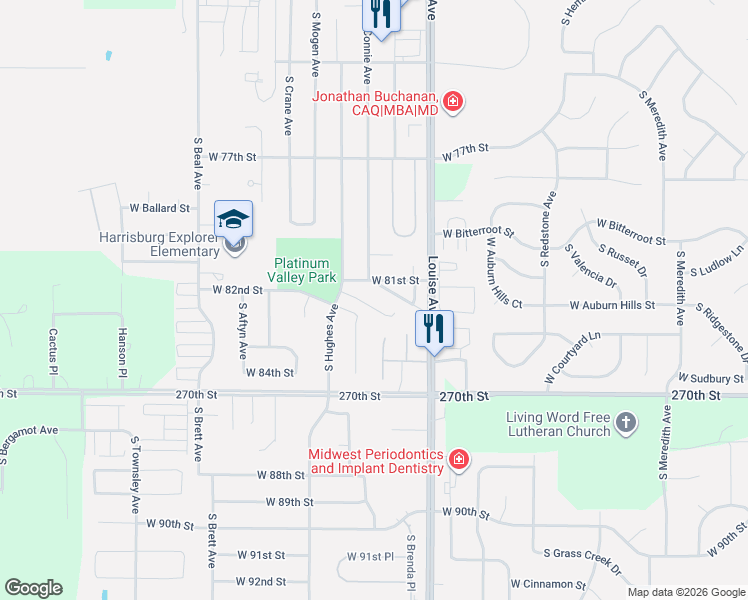 map of restaurants, bars, coffee shops, grocery stores, and more near 3511 West Hughes Place in Sioux Falls