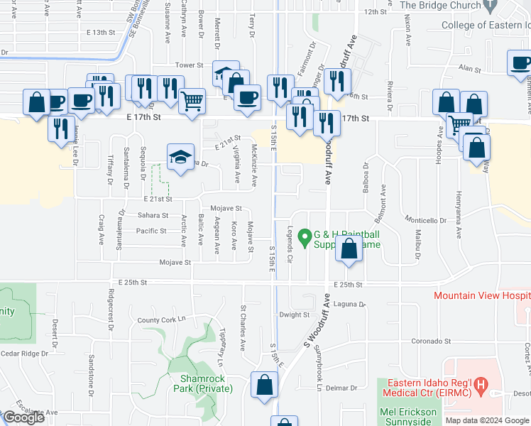 map of restaurants, bars, coffee shops, grocery stores, and more near 2144 Saint Clair Road in Idaho Falls
