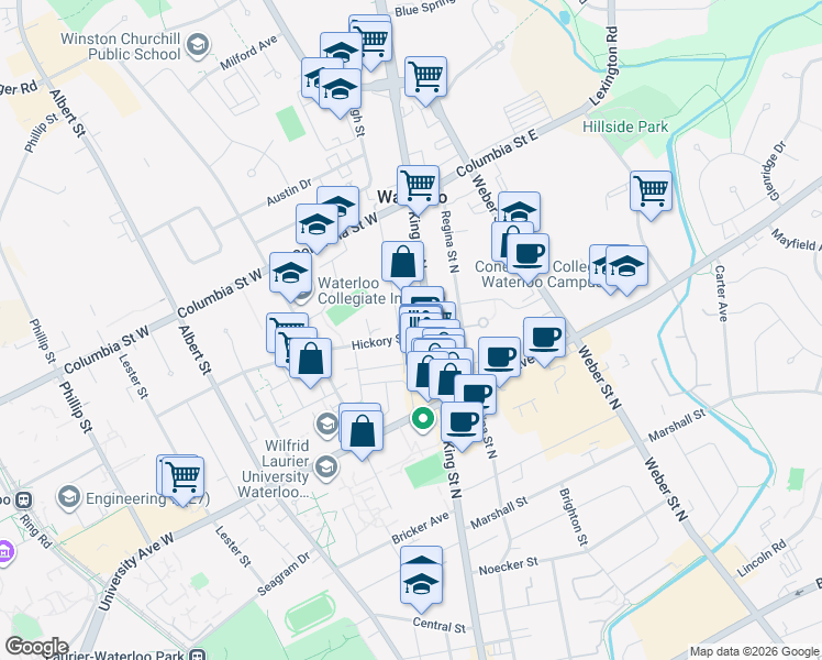 map of restaurants, bars, coffee shops, grocery stores, and more near 298 Spruce Street in Waterloo