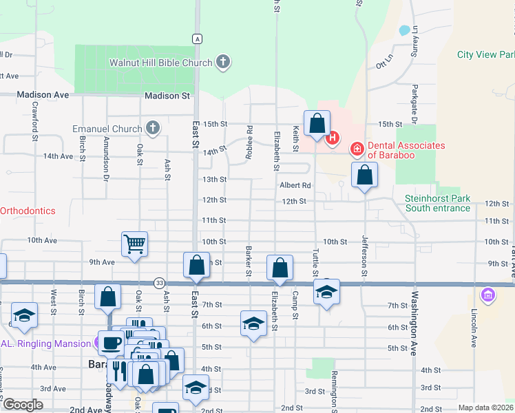 map of restaurants, bars, coffee shops, grocery stores, and more near 524 11th Street in Baraboo
