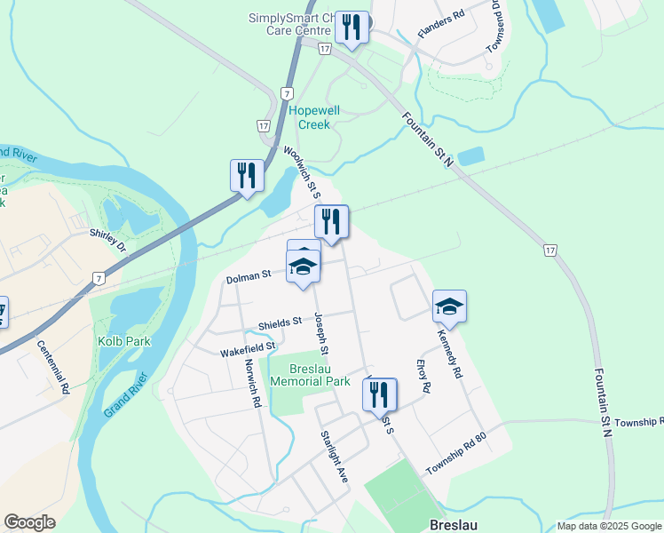 map of restaurants, bars, coffee shops, grocery stores, and more near 96 Woolwich Street South in Breslau