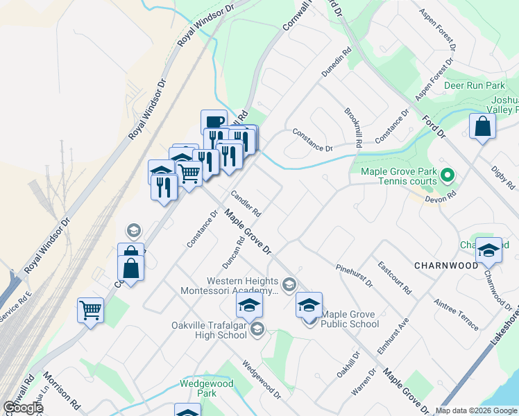 map of restaurants, bars, coffee shops, grocery stores, and more near 2006 Duncan Road in Oakville