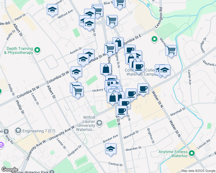 map of restaurants, bars, coffee shops, grocery stores, and more near in Waterloo