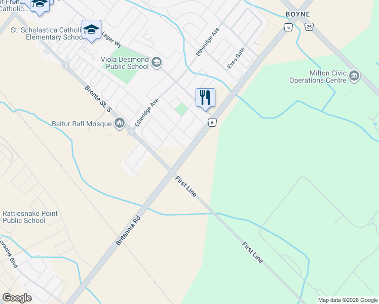 map of restaurants, bars, coffee shops, grocery stores, and more near 2933 Britannia Road in Milton